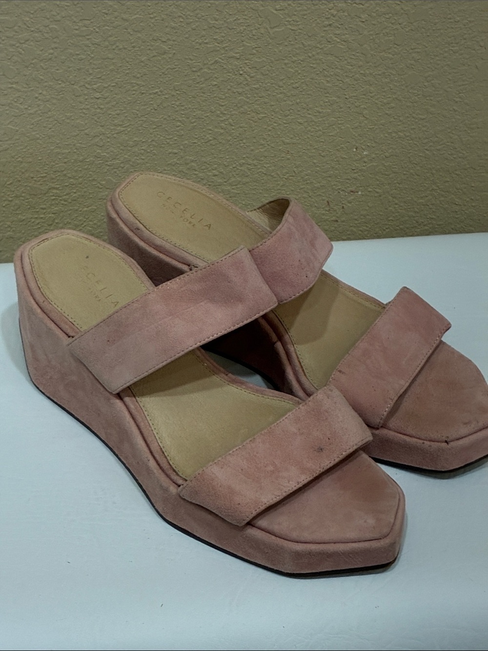 CECELIA NEW YORK Dusty Rose Suede Double-Strap Wedge Slides